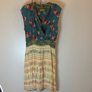 Rare! Benares Floral and Patterned Midi Dress in Blue and Cream | M